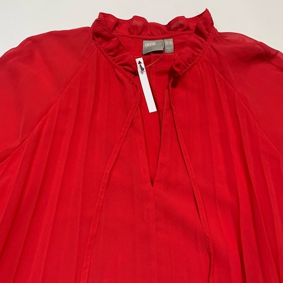 ASOS Red Chiffon Pleated Trapeze Dress w. Ruffle Neckline & Tie - Size 10 - Picture 6 of 16
